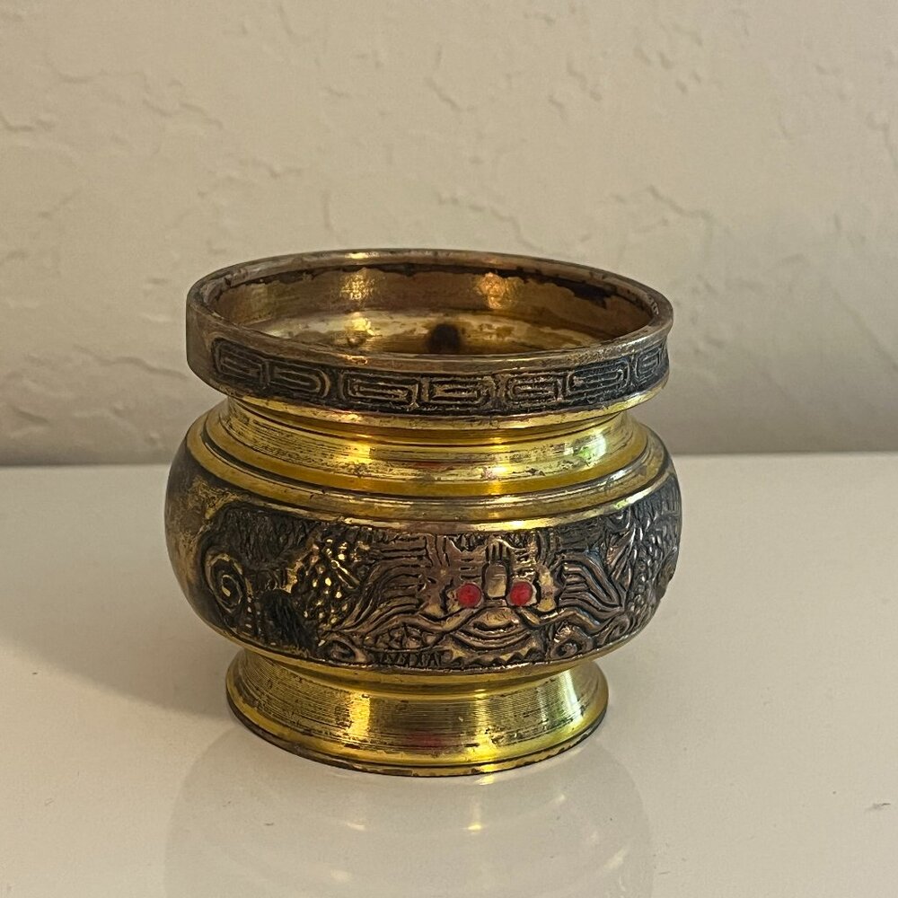 Vintage Etched Brass Dragon Incense Burner Bowl